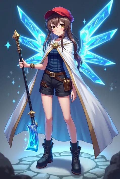  Generate an anime image beautiful young warrior woman with long straight brown hair with a braid,  brown eyes, red cap , white pele,  dark blue short stripe top, shorts preta,  black boots , Attractive pretty with magic axe shining in blue ,  very effemin...