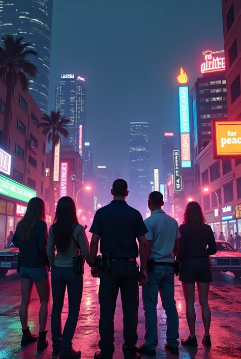 in GTA5 style, много огней cityа, the police, action , , a friendly team of , clan, mafia,  5 guys with weapons ,  and two girls on the sides , Night, city, skyscrapers and cars ,  a sign with the inscription is burning in the background "FOR PEACE " 