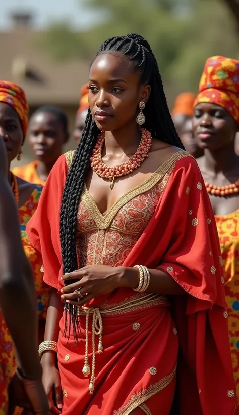 The villagers bow respectfully before Ada, a 20-year-old Igbo woman with medium brown skin, a slender frame, and warm, dark eyes. Her long, braided hair is adorned with coral beads that reflect her new status. Now a member of the royal family, Ada wears a ...