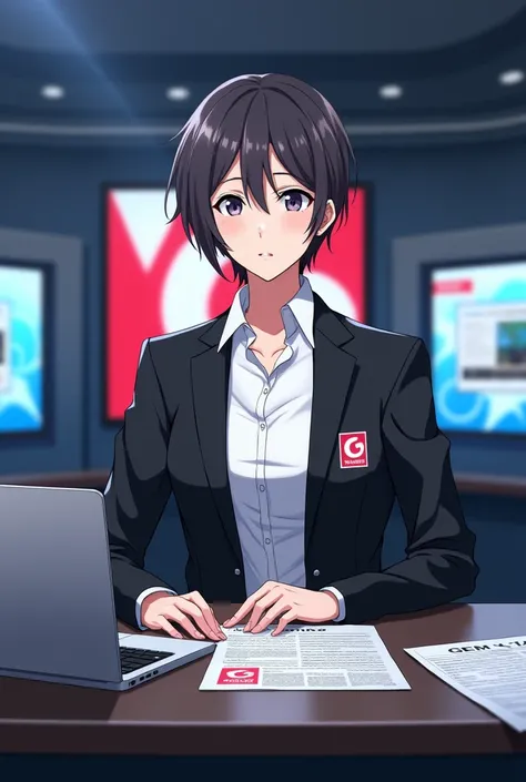  A 35-year-old anime news anchor
Im sitting in front of the news channel desk and I have a laptop and newspaper.
 Wearing a black suit and white shirt, and the shirt has the channel name .  Daily News
The background is a back screen with a large channel lo...