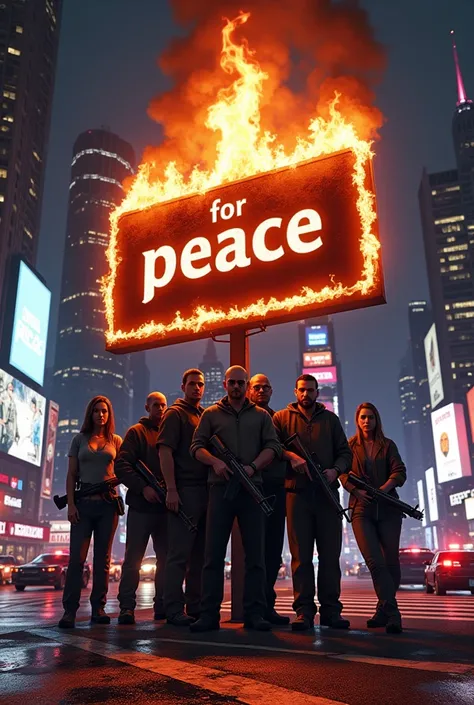  a sign with the inscription is burning in the background "FOR PEACE " in GTA5 style, много огней cityа, the police, action , , a friendly team of , clan, mafia,  5 guys with weapons ,  and two girls on the sides , Night, city, skyscrapers and cars , 