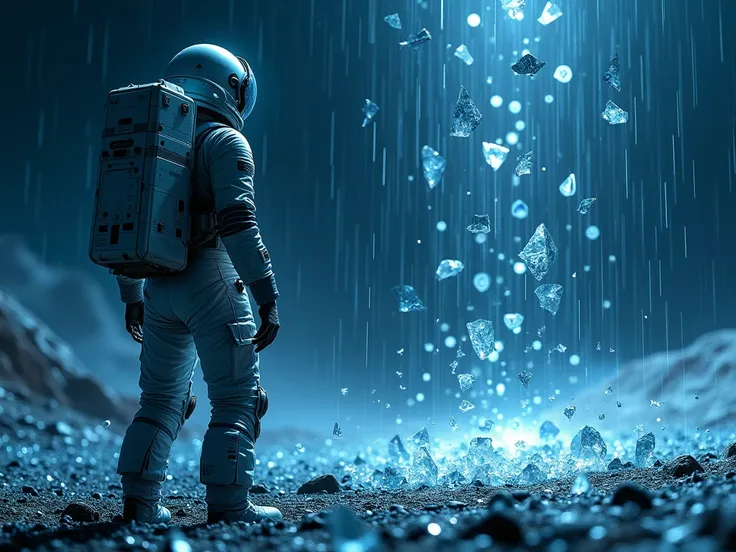 An astronaut standing with their back to the viewer, wearing a futuristic spacesuit, on the surface of an alien blue planet. The sky is dark and stormy, illuminated by flashes of lightning, while an intense rain of sharp, crystalline shards resembling glas...