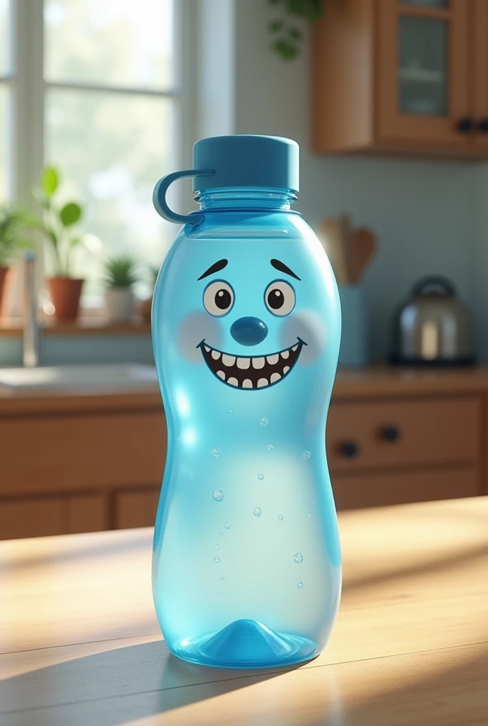 Make a plastic water bottle with water inside and with a face on a kitchen table 