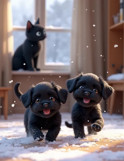 2 adorable black shih tzu puppies, Pixar Style, beautiful black cat sits on a windowsill and watches the snow