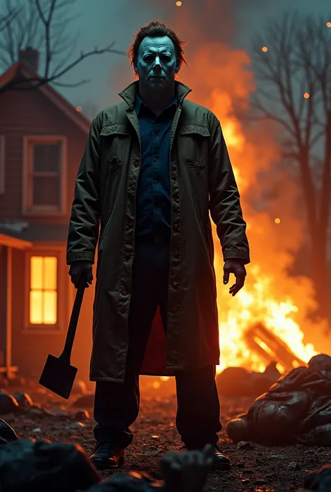 Michael Myers in a big burnt coat ,  holding an axe in front of a burning house in the middle of the night with dead people around and others on fire