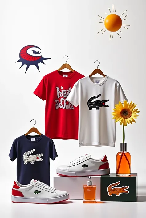  t-shirts , Lacoste sneakers and perfumes with a white background and animated shape