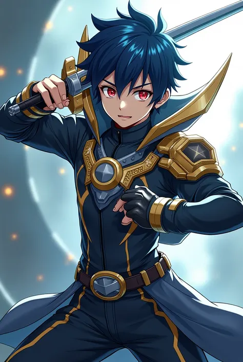  full body image , chàng trai anime, phong cách anine,  dark blue hair ,  red eyes gold border ,  modern costume , super power ,  curved sword handle ,  modern technology pattern,  shoulder guard .