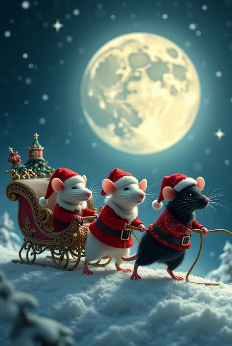 2 white rats and a black rat pulling Santas sleigh in front of the moon