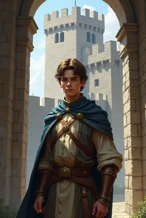 A male medieval guard, 20 years old, kind face, delicate build, in front of a castle wall in Pathfinder art style