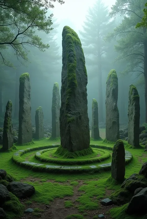 Celtic ruins with a forest behind it , dolmens and menhirs arranged in a circle.  The Cromlech is covered with moss and stands out in the fog