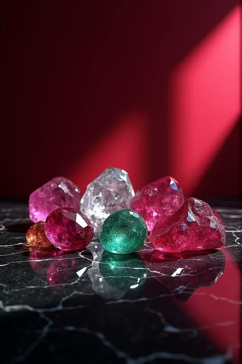  Gemstones, rubies, diamonds, emeralds on a shiny black marble surface, intense red background with sharp lights and shadows high definition image  