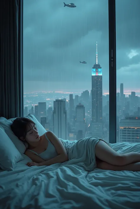 The dreamlike image of a very beautiful 21-year-old Korean girl, dressed in a short nightgown, barefoot, lying face up on a bed in a bedroom of a modern and elegant apartment, while through a large window you can see the night image (and under heavy rain) ...