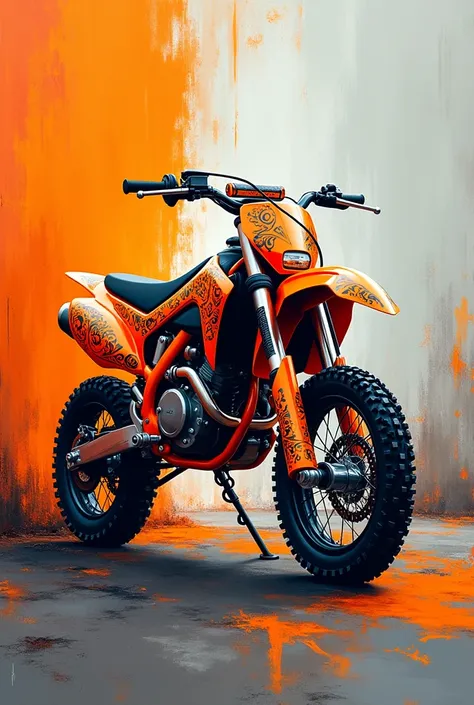 Create the painting with orange designs of a mini dirt bike 
