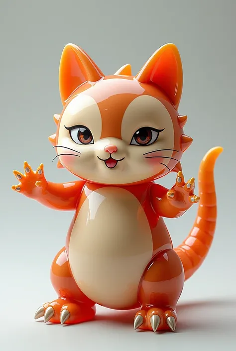 Make a 3D Japanese-style sofubi toy design of a godzilla cosplay cat art toy transparent