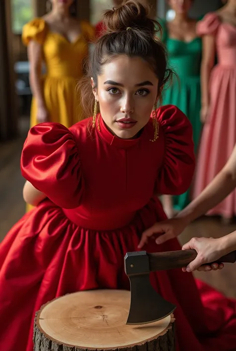 (realistic photograph close up), (cheerful), (a happy surprised beautiful Caucasian lady with (messy hair bun), she is wearing (an elegant elaborate shiny red silk gown with (long gigantic puff sleeves), (and with an ultra high tight stand-up collar up to ...