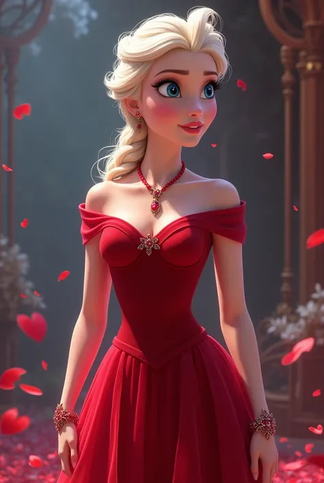 Disney princess elsa in short red dress with red necklace,earring and bracelate