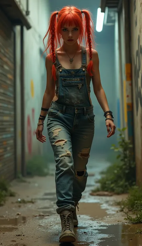 18 year old punk teen girl with shiny sweaty dirty bare soles close to camera focus on feet, overalls, low camera, stepping on camera, red hair, pigtail braids