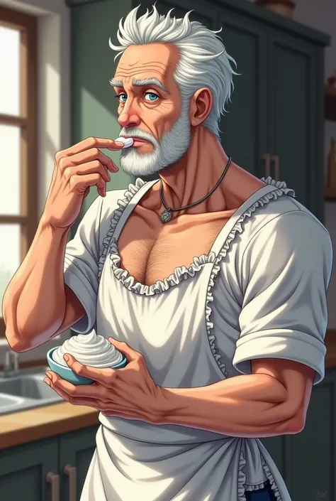 Sexy old man with wrinkles, white hair and blue eyes standing in a kitchen wearing a frilly white apron licking off whipped cream from his fingers, has cream on his face, soft lighting, suggestive, anime style