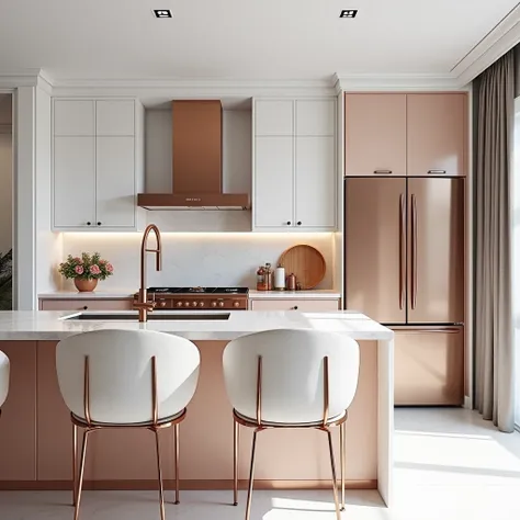 A photo of a well-designed, elegant and beautiful kitchen with built-in cabinets in rose gold, a white marble countertop with an electric faucet, an induction cooktop, an extractor fan, a state-of-the-art refrigerator and a beautiful dining table with chai...