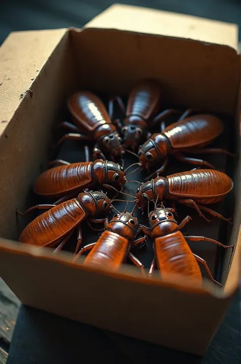 A group of cockroaches that are inside a box and the box is half open and the cockroaches are preparing like a war
