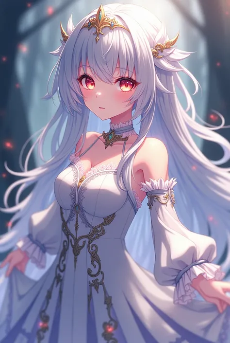 "An anime girl with silvery-white hair styled in long, flowing locks that cascade gracefully around her, reminiscent of the elegant aesthetic of Re:Zero. Her light silvery-red eyes glow with a soft yet captivating intensity, evoking a sense of mystery and ...