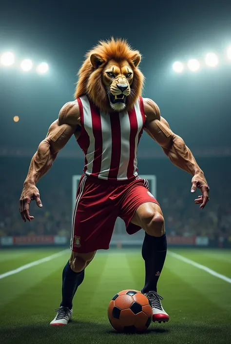 Create a striking and realistic representation of a super muscular man, like a photographic model, with the head of an adult, anthropomorphic and angry lion, with a muscular build in a heroic pose. The being is wearing a sports shirt with horizontal black ...