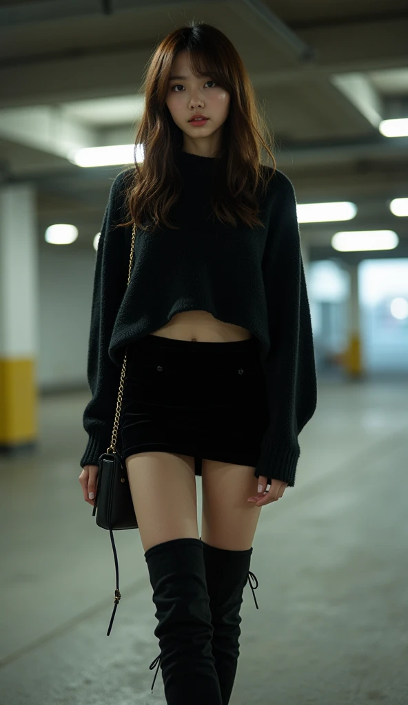  long boots, Grab the skirt ,Inner thighs, Urinary incontinence, slender,  Japanese beauty with brown wave hair, wearing a black larger knit, ((sexy body model)),  ((F cup breasts)),((7 head body)),  a tight miniskirtｍade of velor material, dark black tigh...