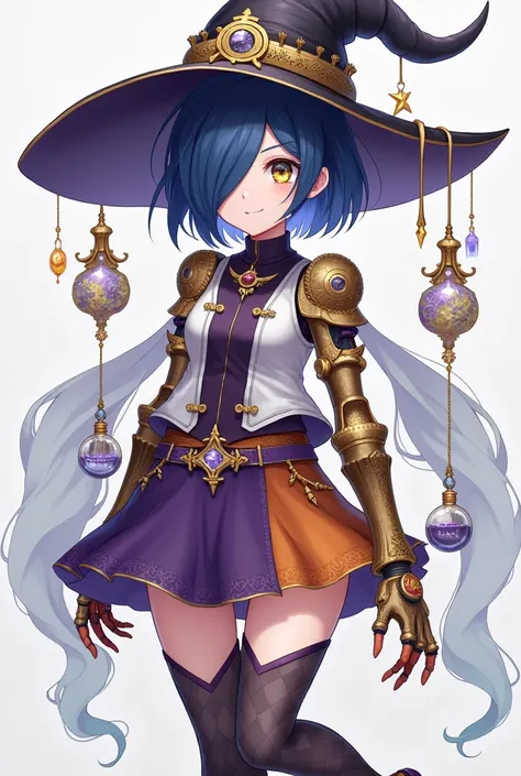 Anime girl with indigo pixie cut hair with long right side bang, purple black witch hat gold trim with silver dangling small stars, gold orrery around band of hat, grey right eye and yellow left eye, white closed high collar vest with dark purple trim, gol...