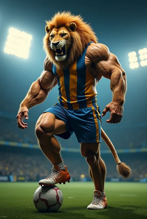 Create a striking and realistic representation of a super muscular man, like a photographic model, with the head of an adult, anthropomorphic and angry lion, with a muscular build in a heroic pose. The being is wearing a sports shirt with horizontal black ...