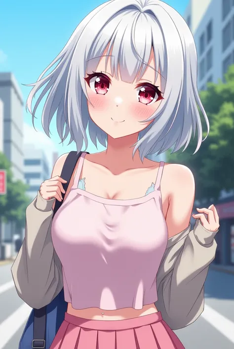 "An anime girl with silvery-white hair styled in a sleek, shoulder-length cut, reflecting the bright, colorful, and vibrant aesthetic of Kanojo mo Kanojo. Her light silvery-red eyes shine with an expressive and lively energy, conveying a mix of playfulness...