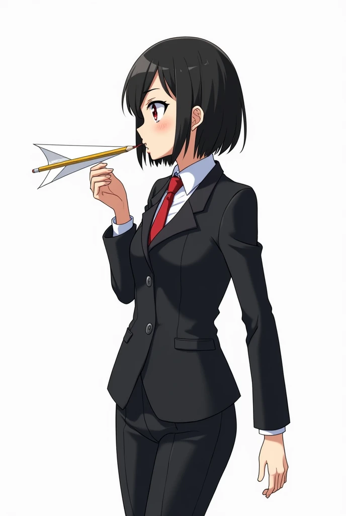 
 anime woman in a black business suit with a white shirt,  black hair bob and red eyes caught a paper plane with her hand,  pencil with his lips on a white background, she enters the office standing half-sideways 