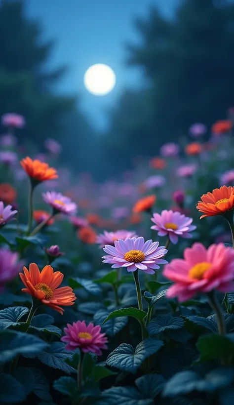 4k, ultra realistic,  An image of a garden with flowers blooming at night under the moon, with the camera pointed at the ground ..