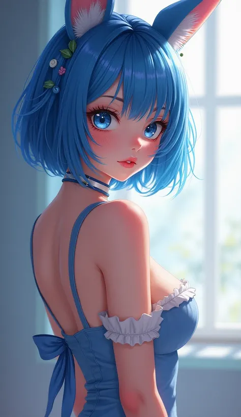 Woman from the anime Blush, fringe,  short hair,  Blue Eyes,  animal ears ,  Big breasts ,  big ass 