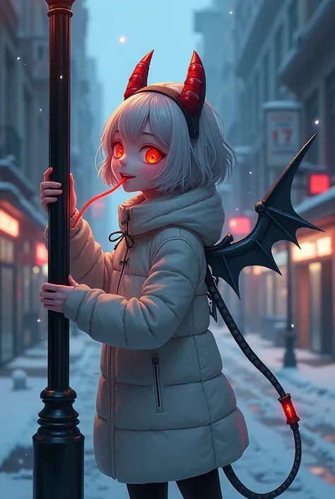 a white-skinned girl,  neon red eyes, Short silver hair,  sharp teeth ,  long tongue and neon red , She licks a lamp post, winter coat ,  metal claws ,  a tail with a red acid syringe ,  headband with 5 stores of red acid,  giant metal wings with blades, I...