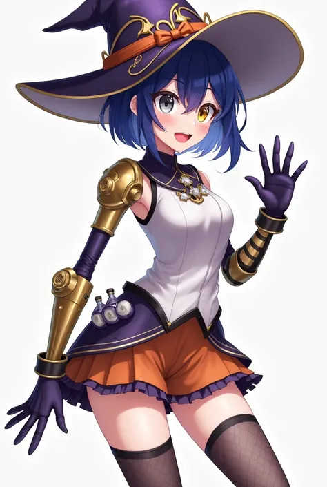 Anime girl with indigo pixie cut hair, purple black witch hat gold trim with silver dangling small stars, gold orrery around band of hat, grey right eye and yellow left eye, white closed high collar vest with dark purple trim, gold prosthetic left arm with...