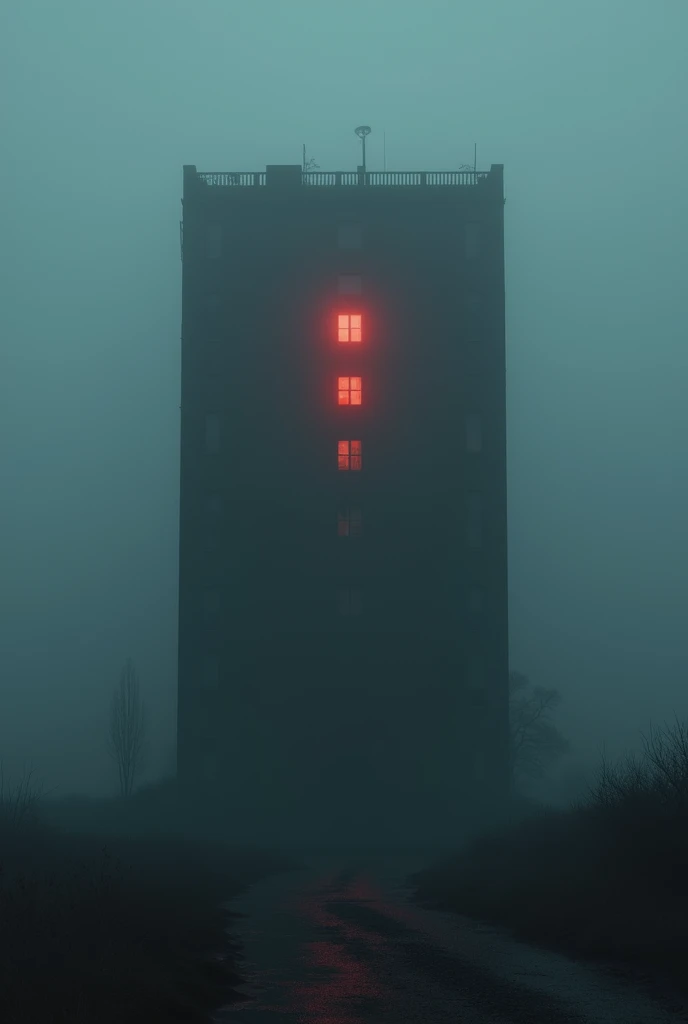   hollowed image of a building with a red light in the fog,  a matte painting inspired by Filip Hodas  ,  winner of the polygon contest , Digital Art, distópic brutalist atmosphere, Misty dystopian world , Dark fantasy brutalist, Silent Hill aesthetic ,  i...