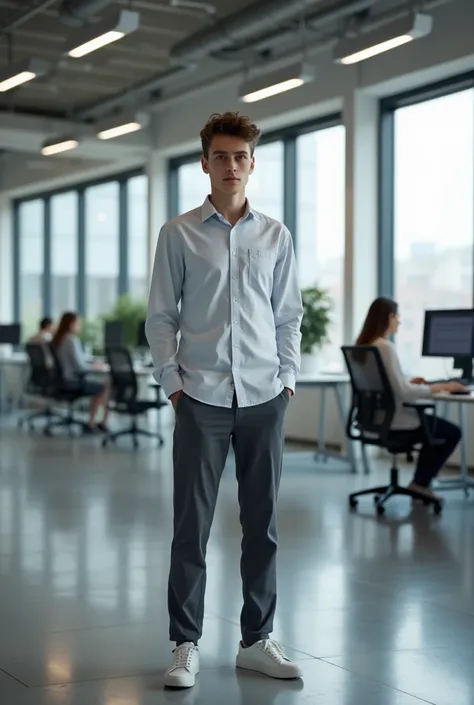 Belarusian IT specialist. A young programmer stands in a modern office