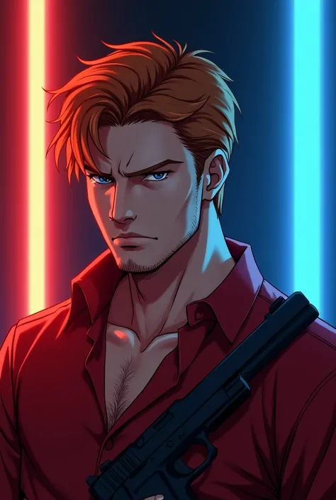 Attractive thirty years old man, auburn curls, blue eyes, stubble, frowning, wearing a red shirt with gun holdster, red and blue lighting, dramatic, cinematic, semirealism, anime