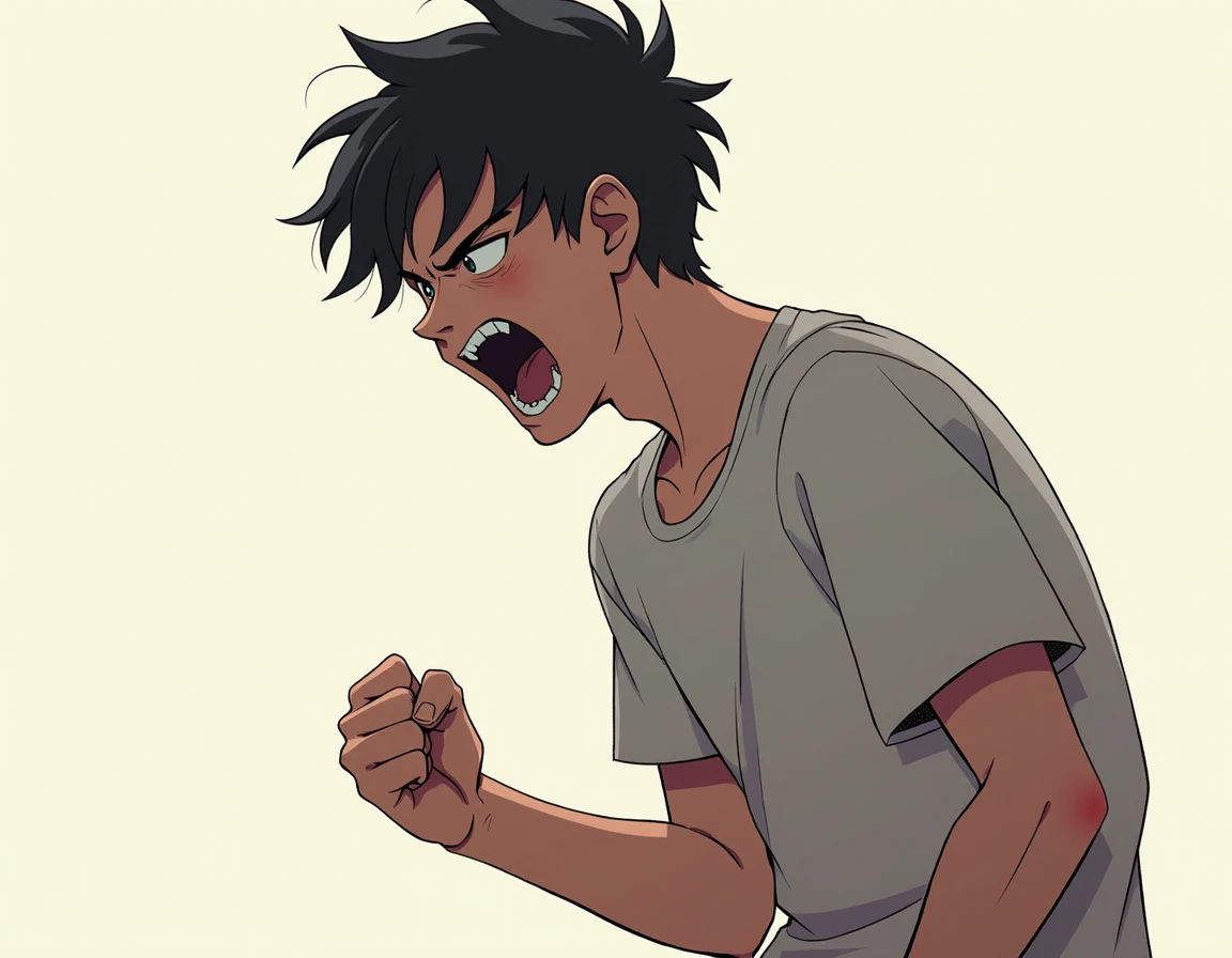  side view,  A 17-year-old young man , yelling, suffering,  full body, anime