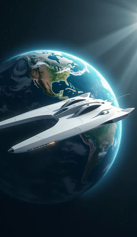 A white spaceship is flying in space with the Earth in the background