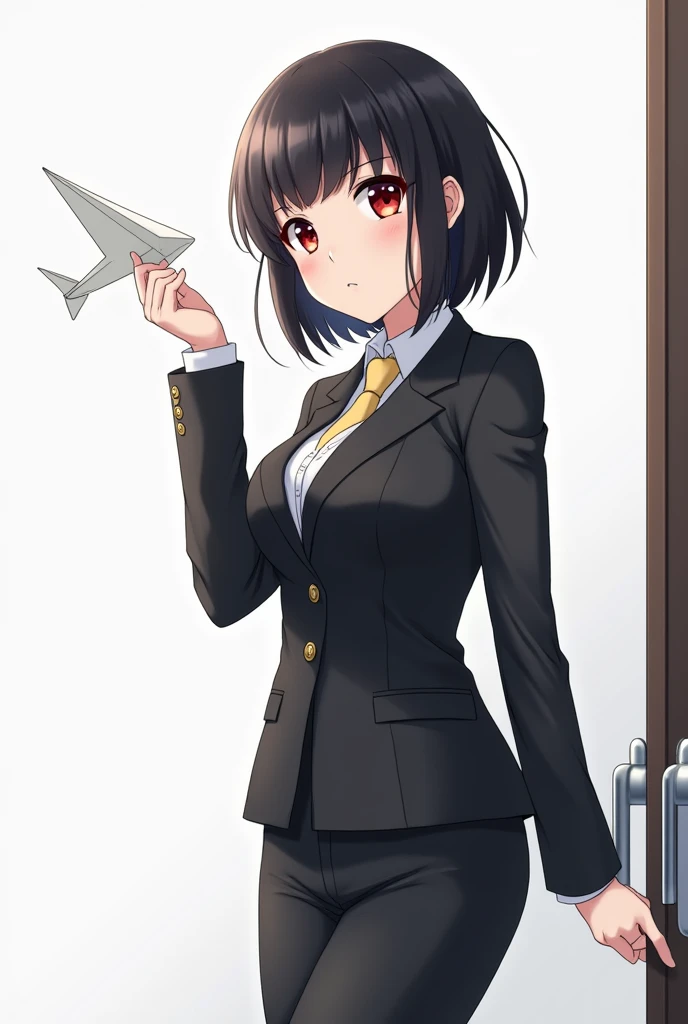 
anime woman in a black business suit with a white shirt ,  black hair bob and red eyes caught a paper plane with her hand,  on a white background, holds the door and goes to the office 