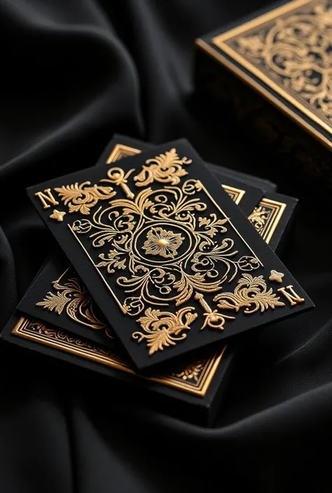 Design me a deck of playing cards with black and gold embroidery