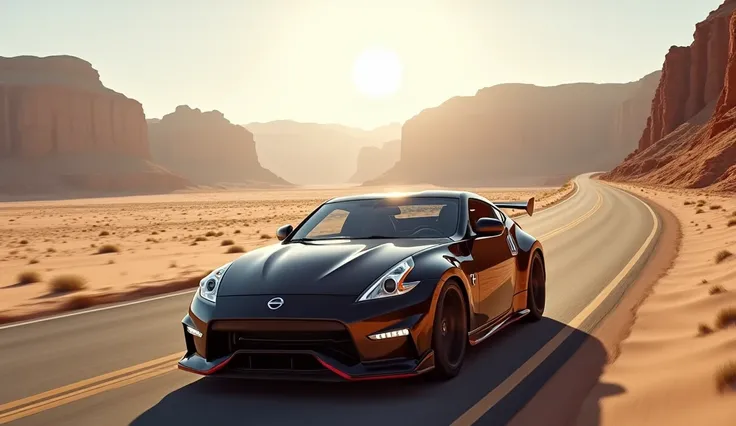 Vast desert paved roads、NISSAN 370z on the road, shining paint 
