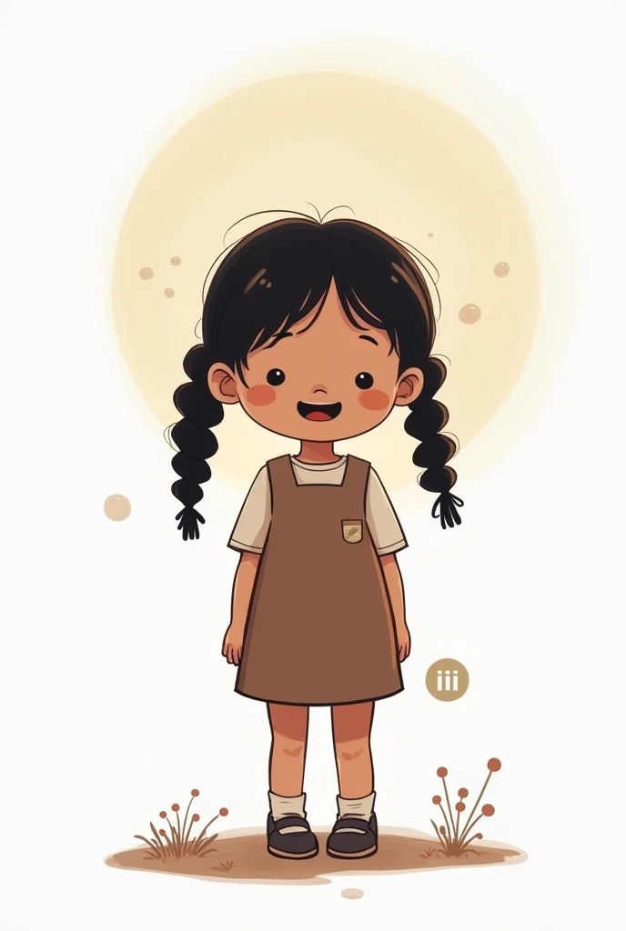  The classic cartoon style  ,  ,  sticker on a white background  ,   drawing ,   preschooler girl with curly black long pigtails,  IN A STRAIGHT DRESS ,   stands straight and smiling broadly ,   mouth open in a thin smile by a twilight . III says . 