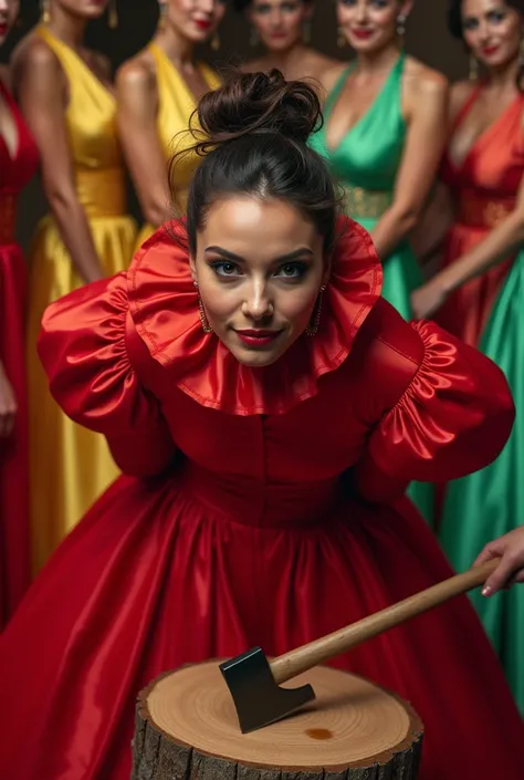 (realistic photograph close up), (cheerful), (a happy surprised beautiful Caucasian lady with (messy hair bun), she is wearing (an elegant elaborate shiny red silk gown with (long gigantic puff sleeves), (and with an ultra high tight stand-up collar up to ...