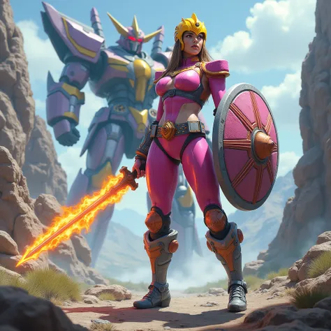 Crie uma guerreira muscular de Power Ranger pink ,with water armor , yellow power ranger helmet , and a fire sword and a stone shield, Shes in a mountainous valley , And in the background a giant Megazord,large breasts