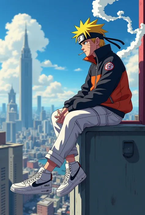 Naruto smoking a cigarette wearing a Nike jacket and white pants and wearing white Nike Air Force sneakers and smiling sitting on top of a building similar to the anime photo Naruto