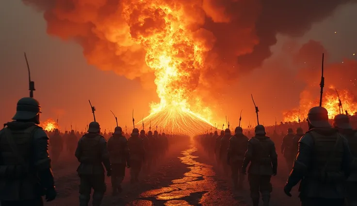 An army of soldiers marching toward a volcano in full eruption, with fiery lava and ash spewing into the sky. The ground shakes as a massive earthquake rages, creating cracks in the earth beneath the soldiers feet. The scene is chaotic, with intense heat w...