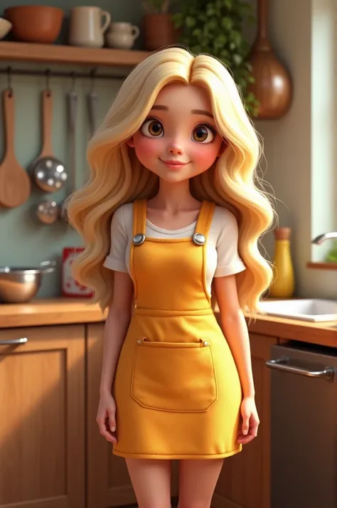 A charming girl ,  designed in the style of a Pixar cartoon ,  is located in a cozy and bright kitchen .  She wears an adorable apron.  She has long blond hair that descends over her shoulders in soft waves ,  expressive brown eyes and a curvy physique .  ...