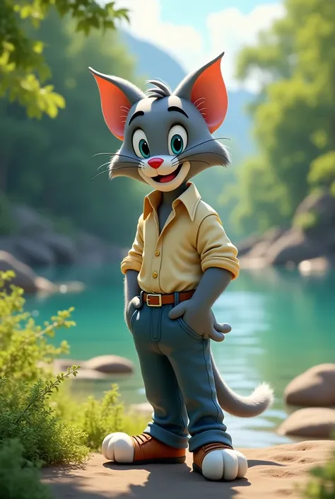 Create me images of the cat Tom on the shore of a beautiful river that the cat Tom has pants and a shirt and is very beautiful